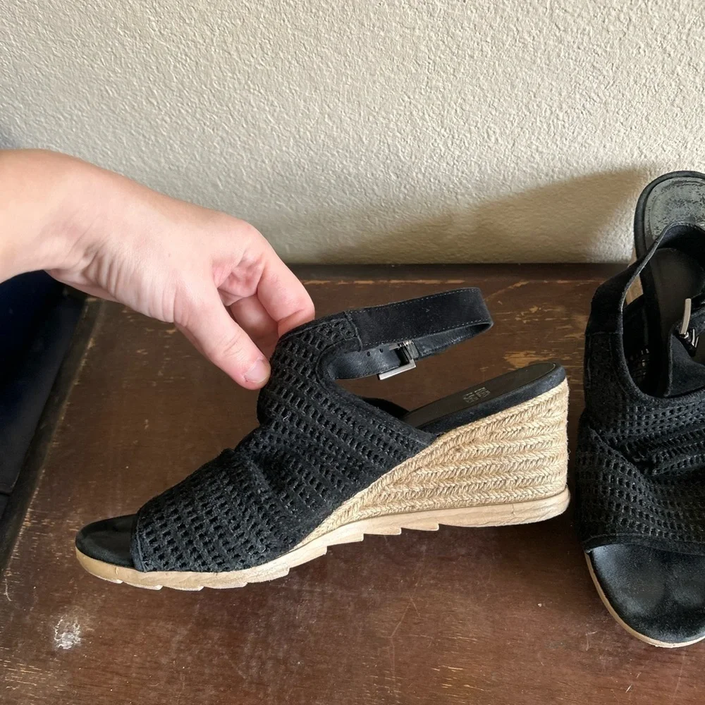 Eileen Fisher Women's Aura Slingback Espadrille Wedge Black Leather Twine Sz 9.5